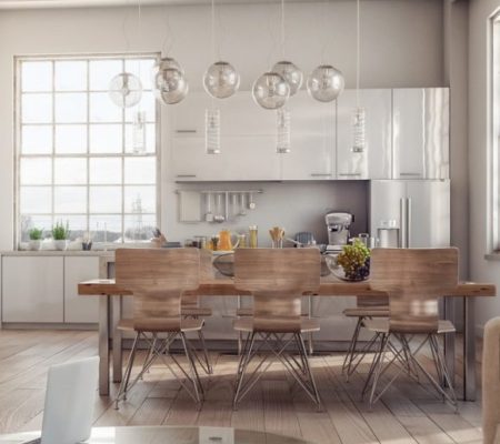 Modern kitchen dining area with wooden chairs