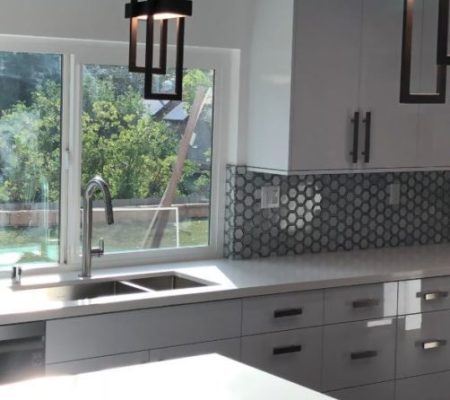 Modern kitchen with island, sink, pendant lights