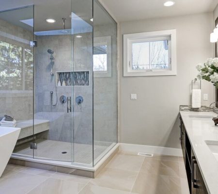 Stylish bath featuring a freestanding tub